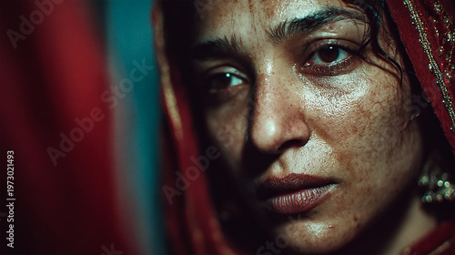 Emotional close-up portrait of Indian woman with tearful eyes, raw expression and cinematic lighting