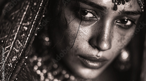 Black and white close-up of emotional Indian bride with tears, raw cinematic portrait