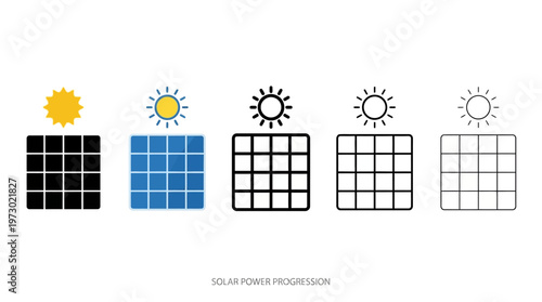 Minimalist solar power icons with sun and panel, fading progression, symbolizing renewable energy, sustainability, efficiency, clarity, evolution.