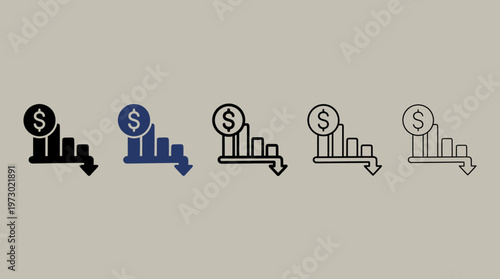 Minimalist financial decline icons with dollar and downward bar chart, transitioning from solid to outline, symbolizing loss, recession, clarity.