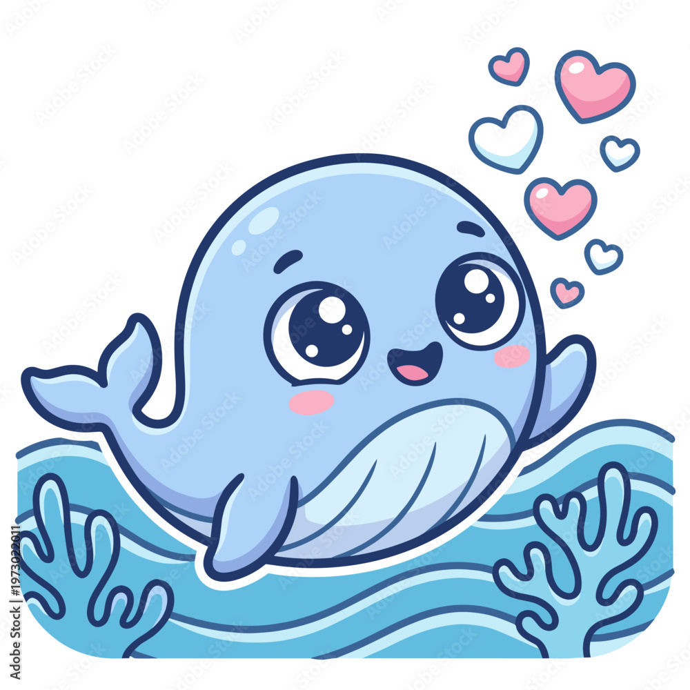 Fototapeta premium Cute Whale Character with Hearts and Bubbles Ocean Vector