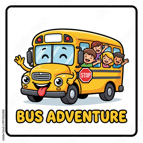 Yellow School Bus Adventure with Happy Kids Vector Illustration