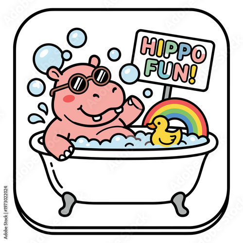 Hippo Fun Bath Time Vector with Soap Bubbles and Duck