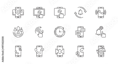 Mobile App Interaction and Digital Communication Line Icon Set Vector