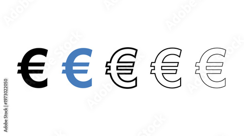 Minimalist euro currency icons transitioning from solid to outline, symbolizing finance, economy, monetary value, commerce, currency evolution, clarity.
