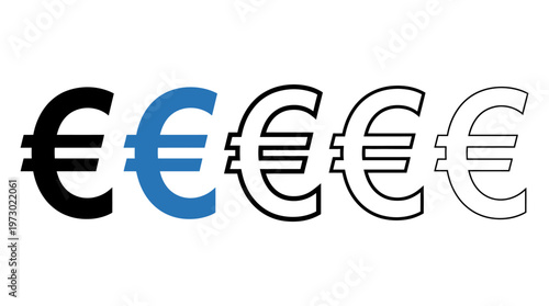 Minimalist euro currency icons transitioning from solid to outline, symbolizing finance, economy, monetary value, commerce, currency evolution, clarity.