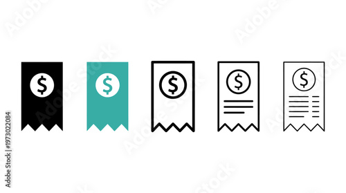 Minimalist receipt icons with dollar signs, transitioning from solid to outline, symbolizing commerce, pricing, billing, financial clarity, marketplace evolution.