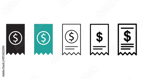 Minimalist receipt icons with dollar signs, transitioning from solid to outline, symbolizing commerce, pricing, billing, financial clarity, marketplace evolution.