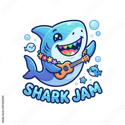 Cute Shark Playing Guitar in Ocean Shark Jam Sticker Vector