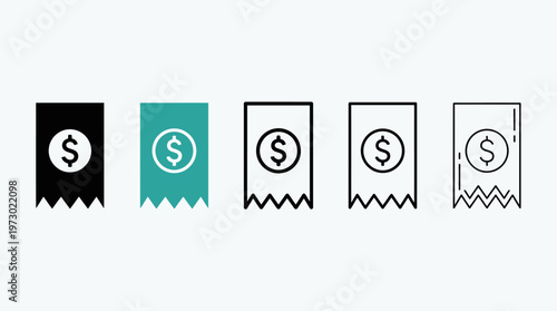 Minimalist receipt icons with dollar signs, transitioning from solid to outline, symbolizing commerce, pricing, billing, financial clarity, marketplace evolution.