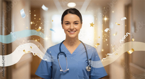 Smiling nurse, medical professional, healthcare worker, hospital background