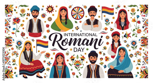 Vibrant illustration of diverse Romani people celebrating International Romani Day with traditional attire and cultural symbols in a colorful design.