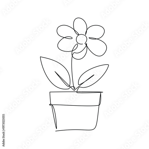 Continuous Line Art Drawing of a Potted Flower with Leaves Simple Minimalist Design