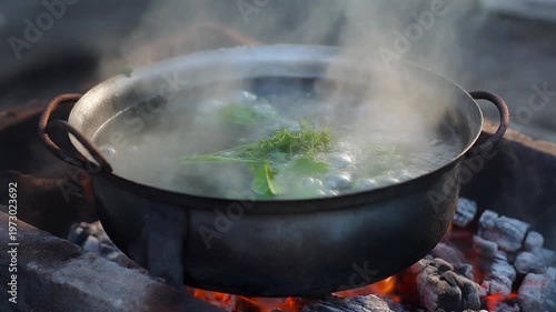 A rustic metal pot bubbling with fresh green vegetables boils over a glowing wood fire, creating a warm, steamy culinary scene outdoors