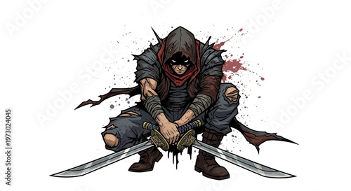 Warrior with swords crouching, tattered clothes, dark fantasy art