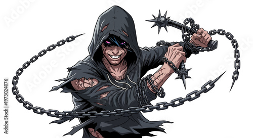 Anime warrior with chains and spiked weapon, menacing expression, dark hoodie, ripped clothes