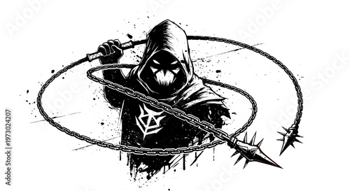 Dark hooded figure with spiked chain whip, menacing, grunge style illustration
