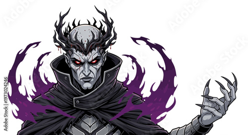 Dark sorcerer with glowing eyes and thorny crown, pixel art style