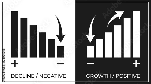 Minimalist vector polarity design with mirrored bar charts, plus and minus symbols, representing growth versus decline, positive versus negative, increase versus decrease for stock asset optimization.