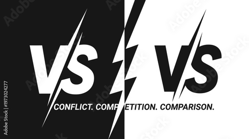 Minimalist “VS” design with black and white contrast, separated by a blue lightning bolt, symbolizing conflict, competition, and comparison for modern vector stock asset optimization.