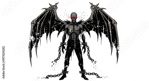 Demonic Angel with Tattered Wings and Glowing Red Eyes, Chained