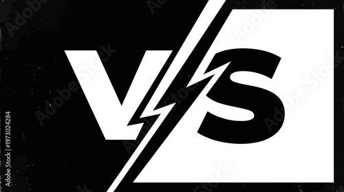 Minimalist “VS” design with black and white contrast, separated by a blue lightning bolt, symbolizing conflict, competition, and comparison for modern vector stock asset optimization.
