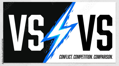 Minimalist “VS” design with black and white contrast, separated by a blue lightning bolt, symbolizing conflict, competition, and comparison for modern vector stock asset optimization.