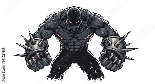 Muscular monster with spiked gauntlets and glowing red eyes, pixel art