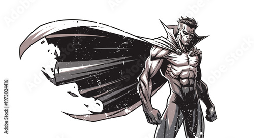 Muscular superhero with flowing cape, comic book style illustration