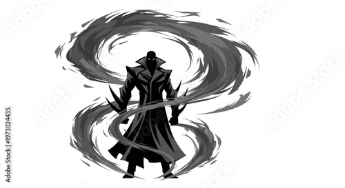 Mysterious dark figure in trench coat with swirling smoke effect