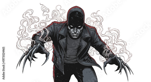 Mysterious figure with claws and smoke, dark superhero concept