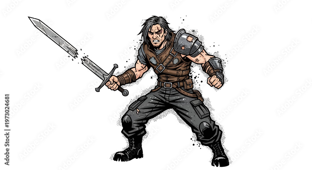 Obraz premium Warrior with broken sword, aggressive stance, fantasy illustration