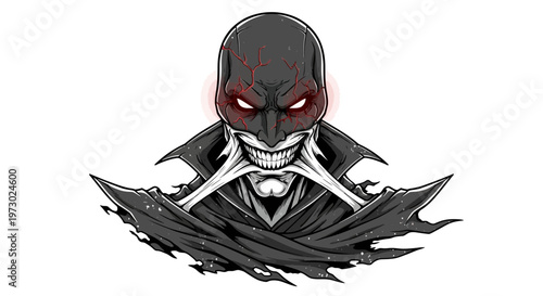Scary monster with glowing red eyes and wide grin, dark fantasy character