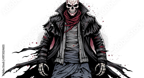 Scary Skeleton Man in Tattered Coat, Horror Character, Spooky Halloween Concept