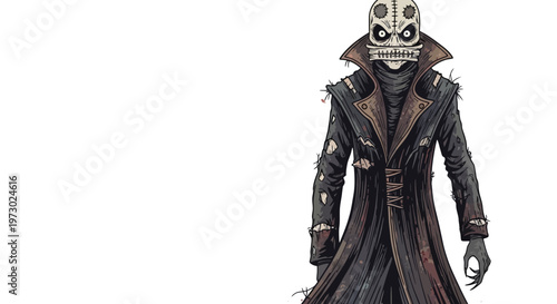 Scary skeleton man in trench coat, horror character, spooky illustration