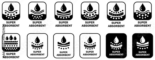 Super absorbent labels featuring droplet symbols for high moisture control, hygiene, and liquid retention. Ideal for packaging, medical, industrial, and product marking applications. vector icons