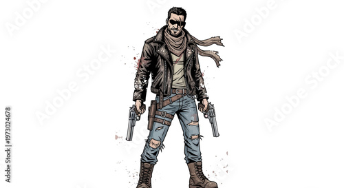Tough man with guns, leather jacket, ripped jeans, post-apocalyptic style
