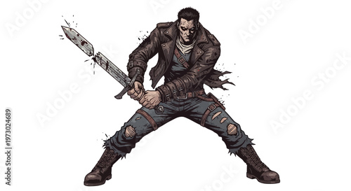Warrior with broken sword, aggressive stance, post-apocalyptic style