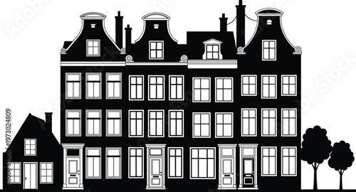 Vector silhouette of Amsterdam canal houses with traditional gabled facades, historic European city architecture, urban skyline, vintage Dutch buildings, for travel and interior design.