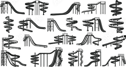 Water slide silhouette set, amusement park attraction, spiral and straight tube designs, recreational structure, vector sketch, flat cad drawing illustration