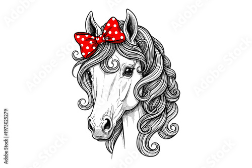 A beautiful horse with a red bow.