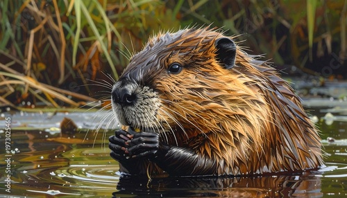 A wet rodent sits in water with plants