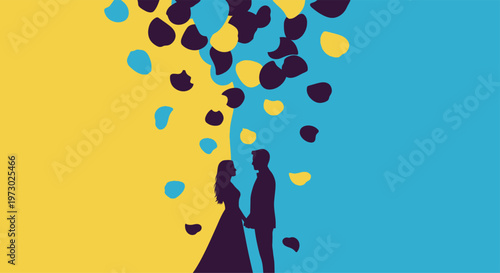 Artistic Silhouette of a Romantic Couple Standing Under a Tree of Falling Heart-Shaped Petals in Yellow and Blue - Minimalist Wedding or Valentine's Day Love Concept Vector Illustration
