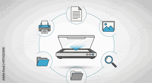 Printer with connected digital icons.