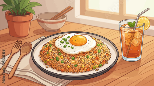 Delicious breakfast meal with fried rice egg and drink on wooden table indoors