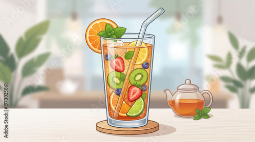 Fresh Fruit Infused Drink on a Coaster with Teapot Nearby 