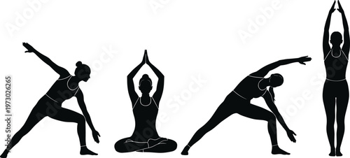 Yoga Poses and Exercises Icons Set with Silhouettes in Different Stretches and Meditation Poses