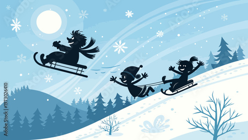 A vector graphic illustration of children sledding down a snowy hill in winter