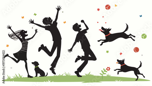 A playful illustration of children and dogs jumping in a green field
