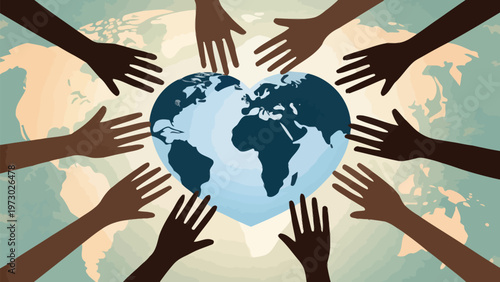 A vector graphic illustration of diverse hands surrounding a heart-shaped globe